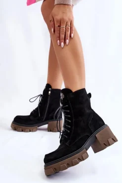 Boto Damskie Trapery|Botki Sznurowane*Zamszowe Damskie Ocieplane Botki Trapery Czarne Lemar Rehin