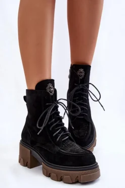 Boto Damskie Trapery|Botki Sznurowane*Zamszowe Damskie Ocieplane Botki Trapery Czarne Lemar Rehin