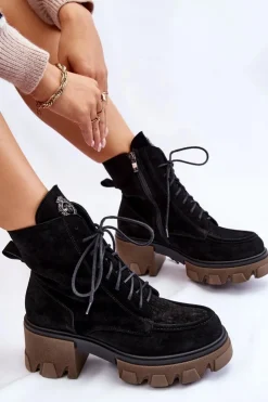 Boto Damskie Trapery|Botki Sznurowane*Zamszowe Damskie Ocieplane Botki Trapery Czarne Lemar Rehin