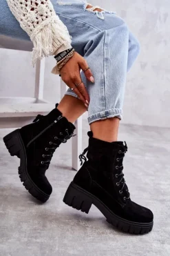 Boto Botki Sznurowane|Czarne Botki*Zamszowe Damskie Ocieplane Botki Na Suwak Czarne Emilien