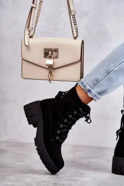 Boto Botki Sznurowane|Czarne Botki*Zamszowe Damskie Ocieplane Botki Na Suwak Czarne Emilien