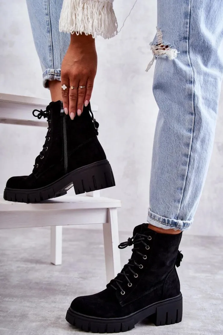 Boto Botki Sznurowane|Czarne Botki*Zamszowe Damskie Ocieplane Botki Na Suwak Czarne Emilien