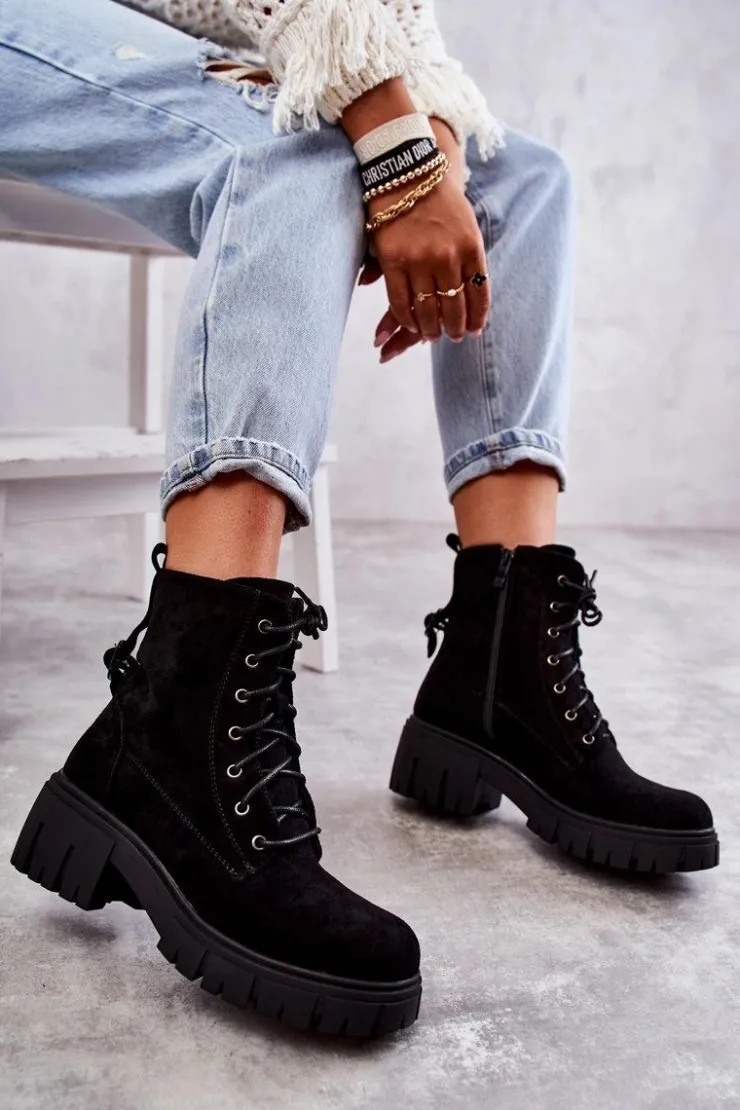 Boto Botki Sznurowane|Czarne Botki*Zamszowe Damskie Ocieplane Botki Na Suwak Czarne Emilien