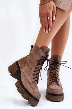 Damskie Boto Zamszowe Damskie Ocieplane Botki Trapery Jasnobrązowe Lemar Rehin