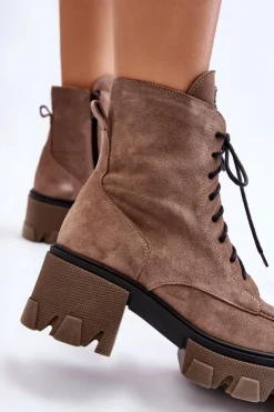 Damskie Boto Zamszowe Damskie Ocieplane Botki Trapery Jasnobrązowe Lemar Rehin