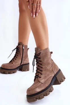 Damskie Boto Zamszowe Damskie Ocieplane Botki Trapery Jasnobrązowe Lemar Rehin