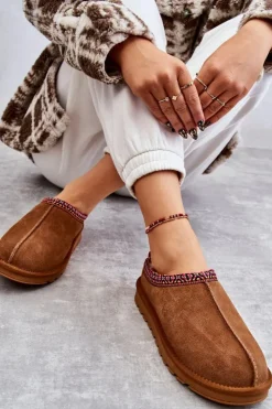 Boto Kapcie Klasyczne*Zamszowe Damskie Papcie Z Futerkiem Camel Buffie