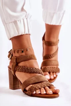 Damskie Evento Zamszowe Damskie Sandały Na Słupku Camel Elora