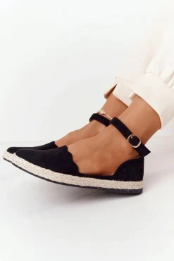 Damskie buty S.Barski Czarne Espadryle*Zamszowe Espadryle Na Słomkowej Podeszwie S.Barski Czarne