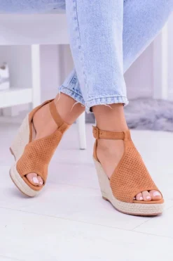 Hot Boto Zamszowe Espadryle Sandały Na Koturnie Camel Sunlast