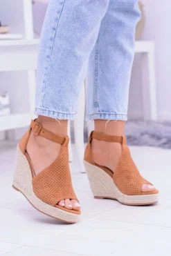 Hot Boto Zamszowe Espadryle Sandały Na Koturnie Camel Sunlast