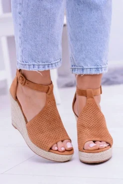 Hot Boto Zamszowe Espadryle Sandały Na Koturnie Camel Sunlast