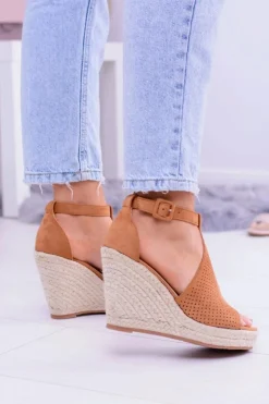 Hot Boto Zamszowe Espadryle Sandały Na Koturnie Camel Sunlast