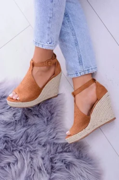 Hot Boto Zamszowe Espadryle Sandały Na Koturnie Camel Sunlast