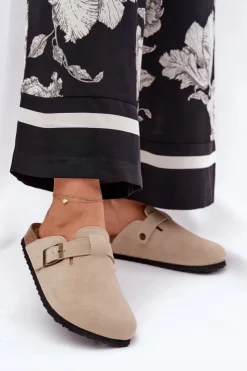 Big Star Shoes Klapki Damskie Big Star|Klapki Na Platformie*Zamszowe Klapki Chodaki Damskie Z Klamrą Big Star RR274A385 Beżowe