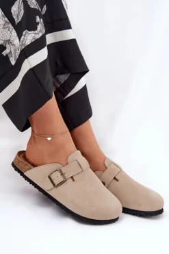 Big Star Shoes Klapki Damskie Big Star|Klapki Na Platformie*Zamszowe Klapki Chodaki Damskie Z Klamrą Big Star RR274A385 Beżowe