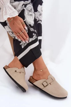 Big Star Shoes Klapki Damskie Big Star|Klapki Na Platformie*Zamszowe Klapki Chodaki Damskie Z Klamrą Big Star RR274A385 Beżowe