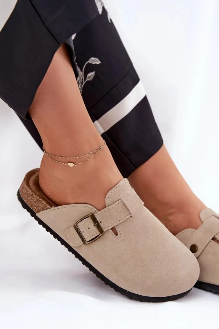 Big Star Shoes Klapki Damskie Big Star|Klapki Na Platformie*Zamszowe Klapki Chodaki Damskie Z Klamrą Big Star RR274A385 Beżowe