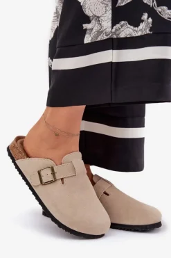 Big Star Shoes Klapki Damskie Big Star|Klapki Na Platformie*Zamszowe Klapki Chodaki Damskie Z Klamrą Big Star RR274A385 Beżowe