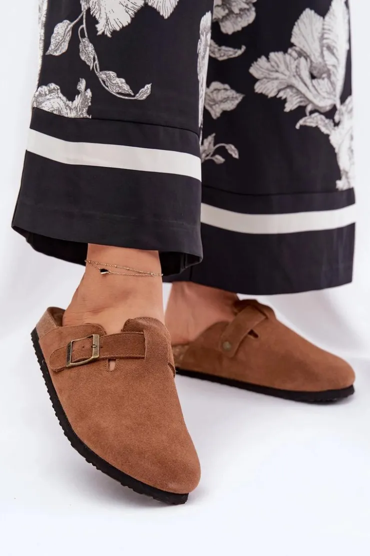 Damskie Big Star Shoes Zamszowe Klapki Chodaki Damskie Z Klamrą Big Star RR274A387 Brązowe