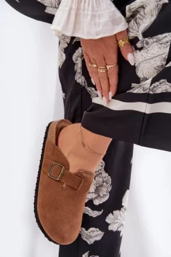 Damskie Big Star Shoes Zamszowe Klapki Chodaki Damskie Z Klamrą Big Star RR274A387 Brązowe