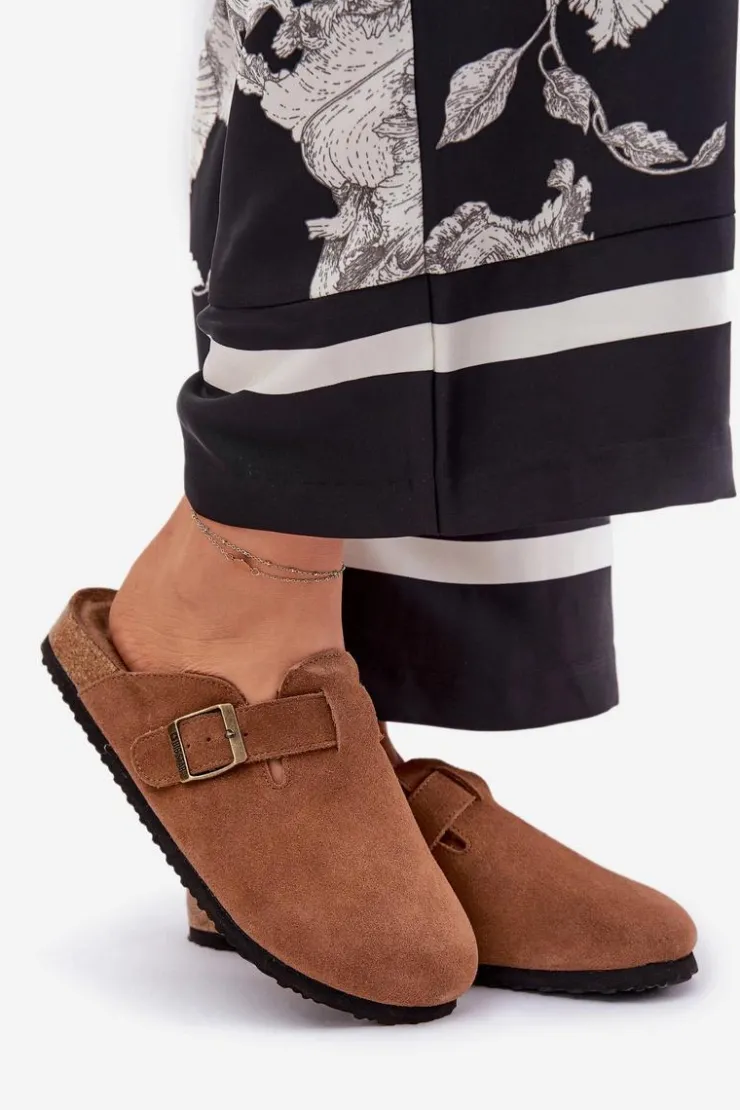 Damskie Big Star Shoes Zamszowe Klapki Chodaki Damskie Z Klamrą Big Star RR274A387 Brązowe