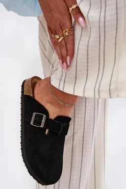 Big Star Shoes Klapki Damskie Big Star|Klapki Na Platformie*Zamszowe Klapki Chodaki Damskie Z Klamrą Big Star RR274A384 Czarne Czarny