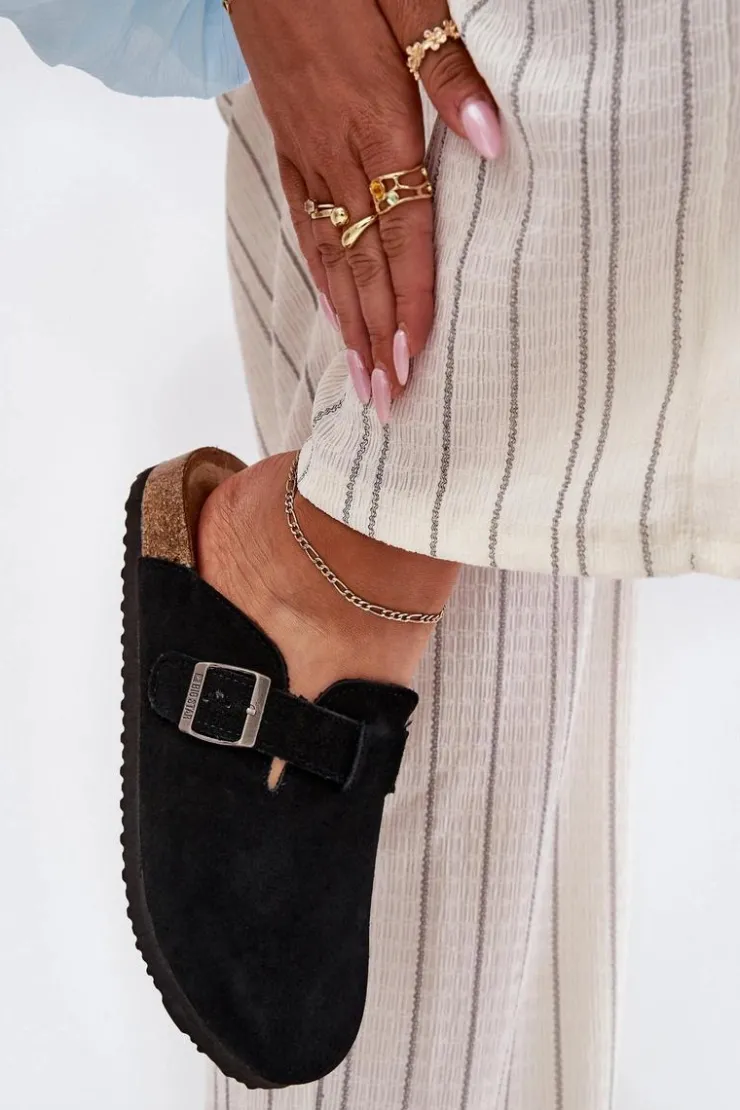 Big Star Shoes Klapki Damskie Big Star|Klapki Na Platformie*Zamszowe Klapki Chodaki Damskie Z Klamrą Big Star RR274A384 Czarne Czarny