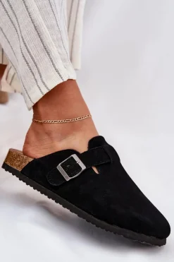 Big Star Shoes Klapki Damskie Big Star|Klapki Na Platformie*Zamszowe Klapki Chodaki Damskie Z Klamrą Big Star RR274A384 Czarne Czarny