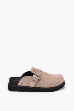 Big Star Shoes Klapki Damskie Big Star|Klapki Na Platformie*Zamszowe Klapki Chodaki Damskie Na Platformie Big Star RR274A376 Beżowe Beżowy