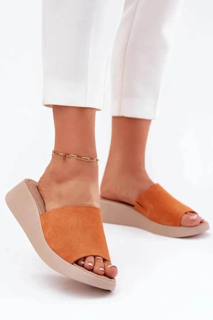 Damskie Panto Fino Zamszowe Klapki Damskie Na Koturnie RR267039 Pomarańczowe