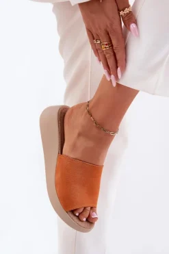 Damskie Panto Fino Zamszowe Klapki Damskie Na Koturnie RR267039 Pomarańczowe