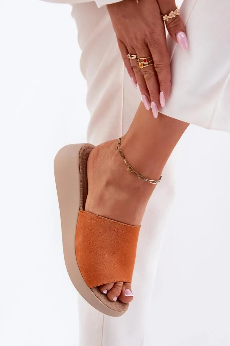 Damskie Panto Fino Zamszowe Klapki Damskie Na Koturnie RR267039 Pomarańczowe