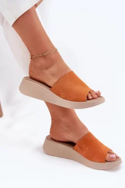 Damskie Panto Fino Zamszowe Klapki Damskie Na Koturnie RR267039 Pomarańczowe