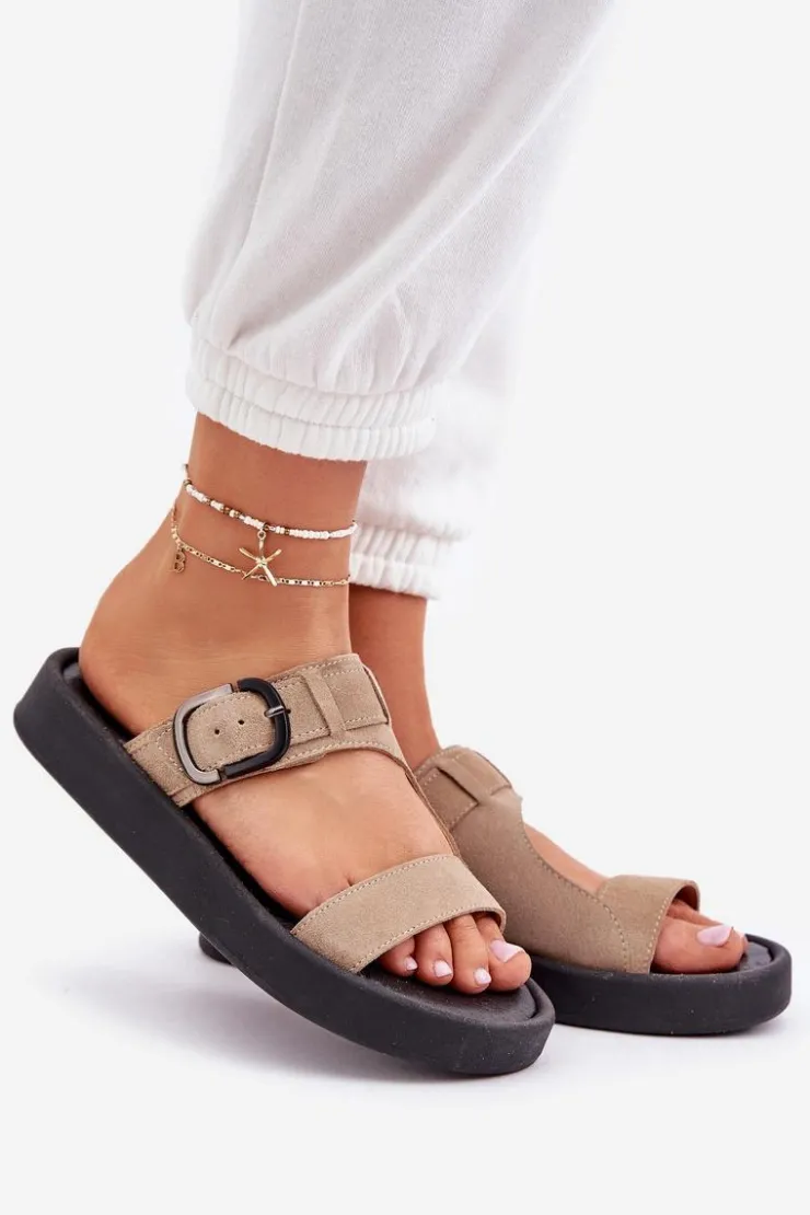 Damskie Zazoo Zamszowe Klapki Damskie Na Platformie 3024 Beżowe