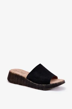 Panto Fino Klapki Na Koturnie|Klapki Damskie Klasyczne*Zamszowe Klapki Damskie Na Koturnie RR267043 Czarne