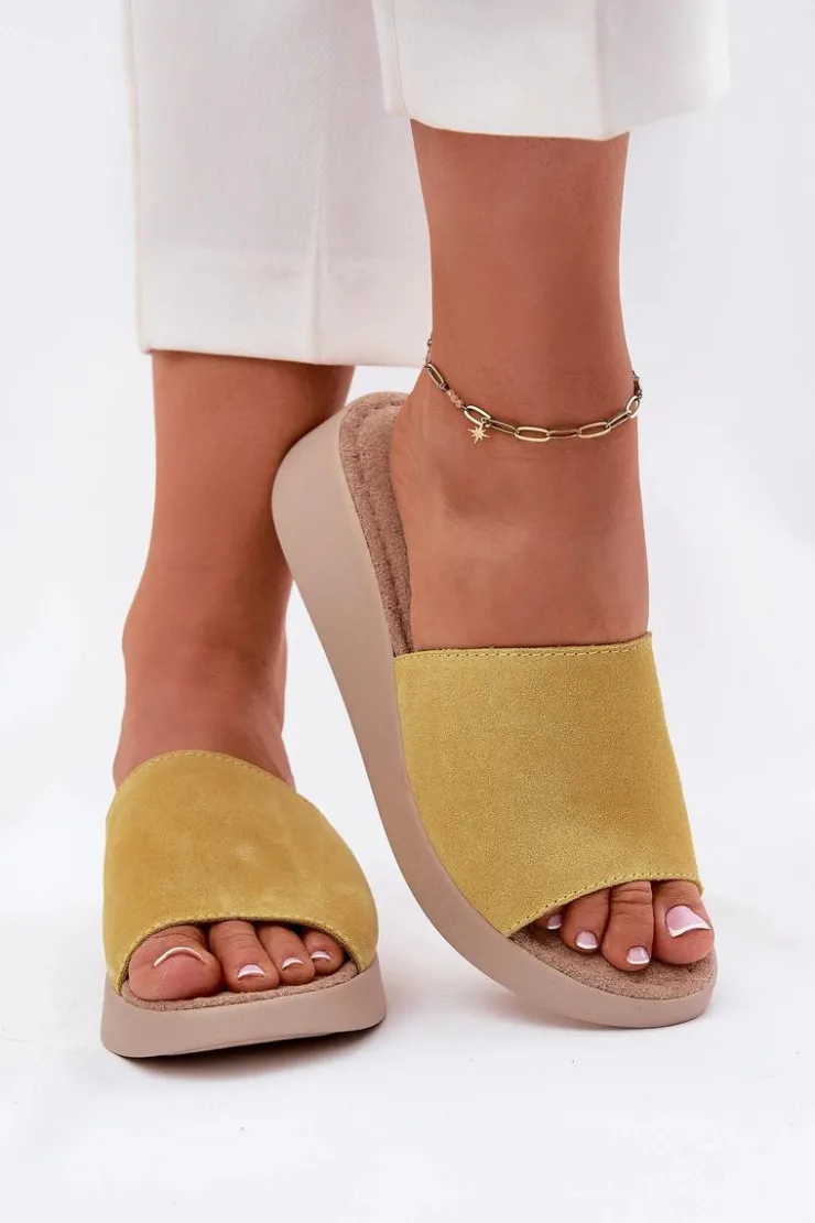 Damskie Panto Fino Zamszowe Klapki Damskie Na Koturnie RR267038 Żółte