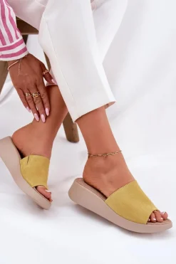 Damskie Panto Fino Zamszowe Klapki Damskie Na Koturnie RR267038 Żółte