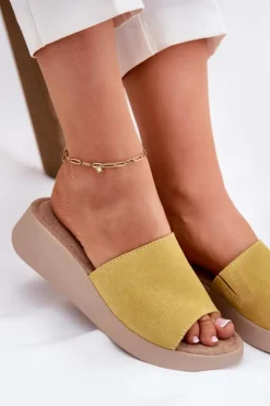 Damskie Panto Fino Zamszowe Klapki Damskie Na Koturnie RR267038 Żółte