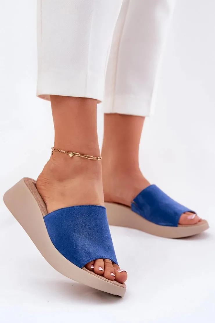 Panto Fino Klapki Na Koturnie|Klapki Damskie Klasyczne*Zamszowe Klapki Damskie Na Koturnie RR267041 Niebieskie