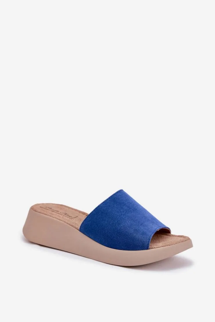 Panto Fino Klapki Na Koturnie|Klapki Damskie Klasyczne*Zamszowe Klapki Damskie Na Koturnie RR267041 Niebieskie