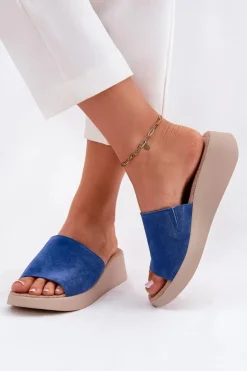 Panto Fino Klapki Na Koturnie|Klapki Damskie Klasyczne*Zamszowe Klapki Damskie Na Koturnie RR267041 Niebieskie