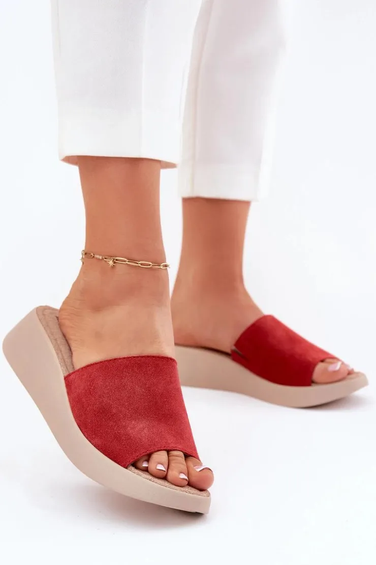 Panto Fino Zamszowe Klapki Damskie Na Koturnie RR267040 Czerwone
