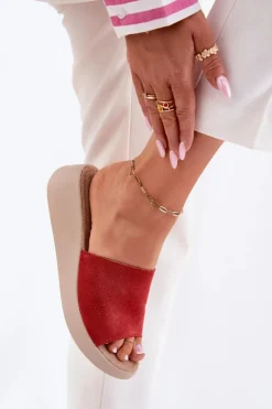 Panto Fino Zamszowe Klapki Damskie Na Koturnie RR267040 Czerwone