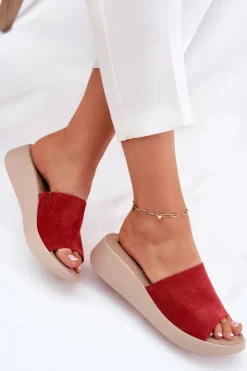 Panto Fino Zamszowe Klapki Damskie Na Koturnie RR267040 Czerwone