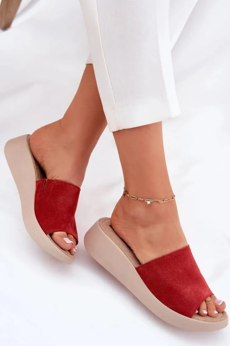 Panto Fino Zamszowe Klapki Damskie Na Koturnie RR267040 Czerwone