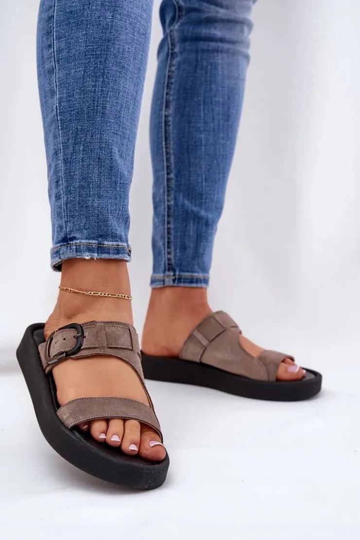 Damskie Zazoo Zamszowe Klapki Damskie Na Platformie 3024 Brązowe