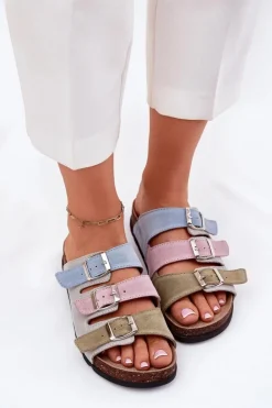 Panto Fino Klapki Damskie Klasyczne*Zamszowe Klapki Damskie Z Klamrami RR267034 Niebieskie