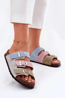 Panto Fino Klapki Damskie Klasyczne*Zamszowe Klapki Damskie Z Klamrami RR267034 Niebieskie