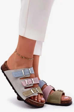 Panto Fino Klapki Damskie Klasyczne*Zamszowe Klapki Damskie Z Klamrami RR267034 Niebieskie